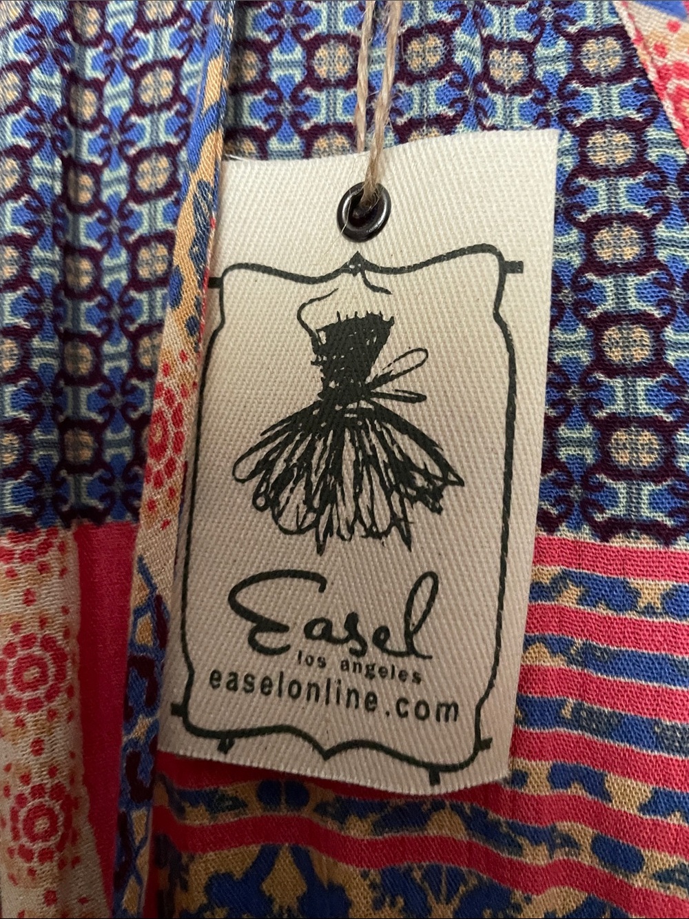 Patchwork Print Long-Sleeve V-Neck Dress in Red & Blue - Picture 13 of 15
